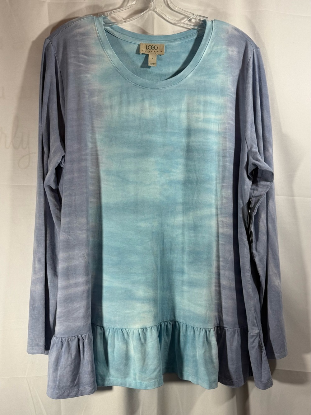 LOGO by Lori Goldstein Light Blue Tie-Dye Ruffle-Hem Long Sleeve Top Size L